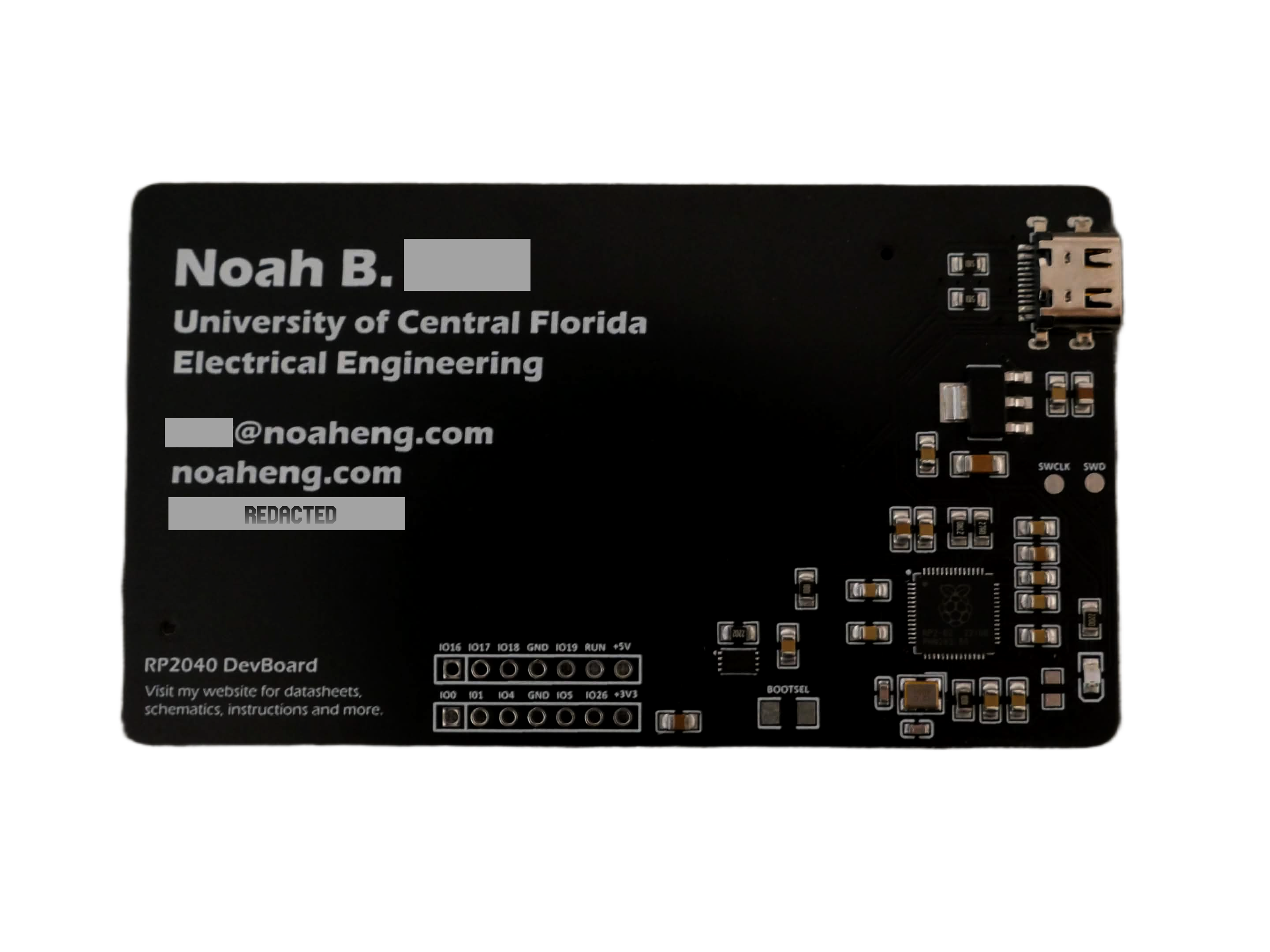 Front side of the populated RP2040 PCB business card